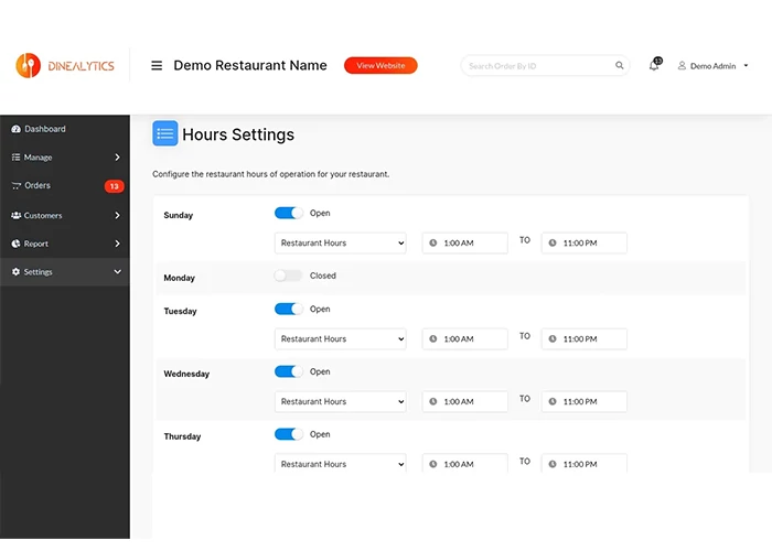 DineAlytics - Restaurant Management Software Hours